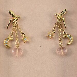 Kirks Folly Pixie Earrings Pink Heart Moon Star Dangle Gold Tone w Box